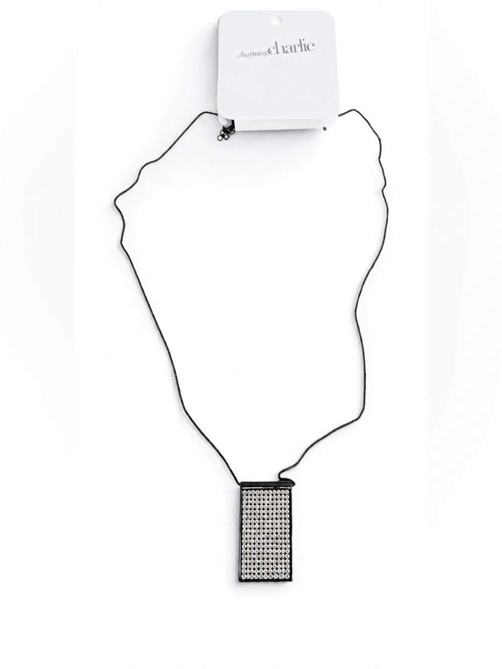 Charming Charlie Black Crystal Rectangle Pendant Necklace